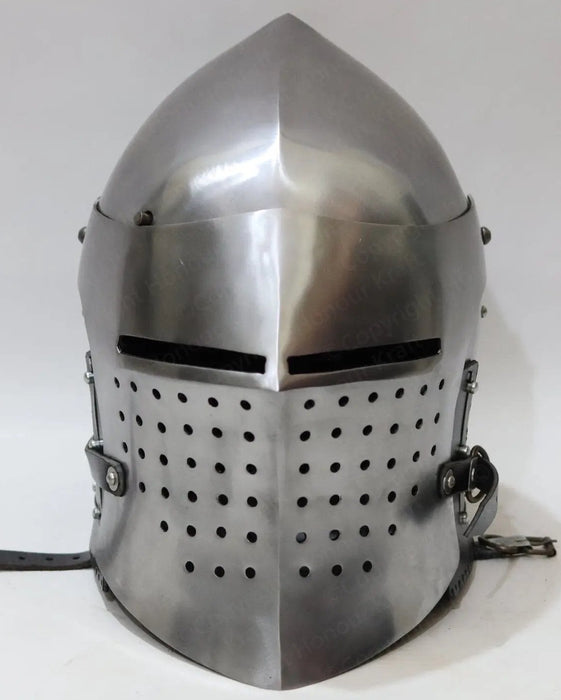 Perforated visor bascinet helmet for full contact armored combat